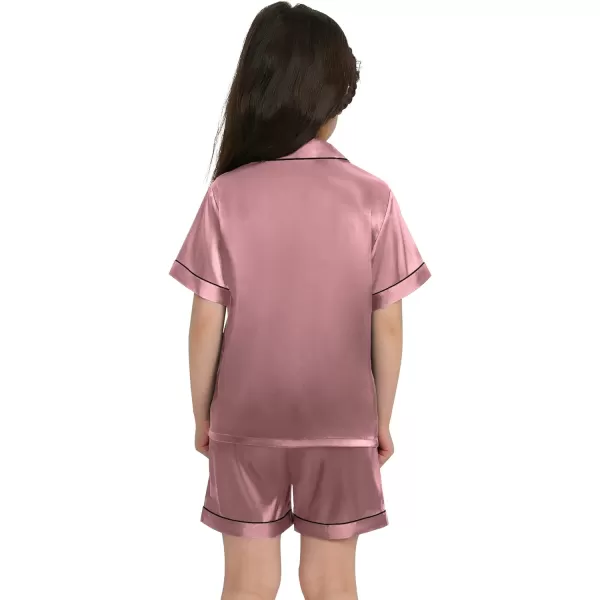 SWOMOG Kids Satin Pajamas Sets Girls Boys ButtonDown Pjs Short Sleeve Silk Nightwear 2 Piece Lounge SetsMisty Rose