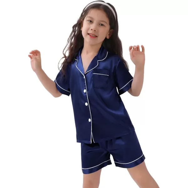 SWOMOG Kids Satin Pajamas Sets Girls Boys ButtonDown Pjs Short Sleeve Silk Nightwear 2 Piece Lounge SetsNavy Blue