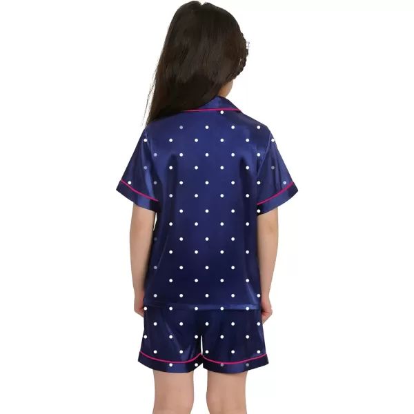 SWOMOG Kids Satin Pajamas Sets Girls Boys ButtonDown Pjs Short Sleeve Silk Nightwear 2 Piece Lounge SetsNavy Blue Dots