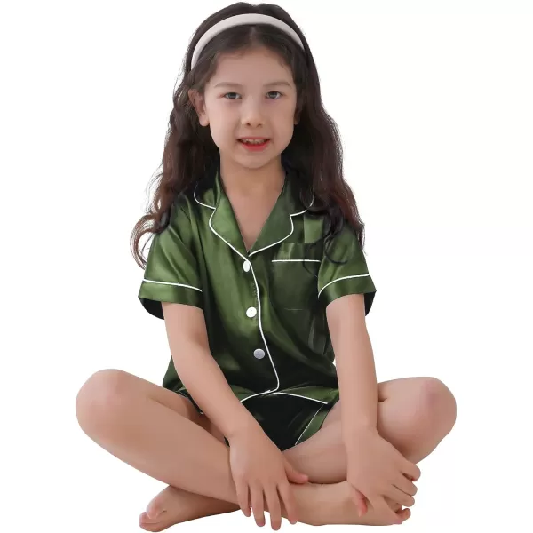 SWOMOG Kids Satin Pajamas Sets Girls Boys ButtonDown Pjs Short Sleeve Silk Nightwear 2 Piece Lounge SetsOlive Green