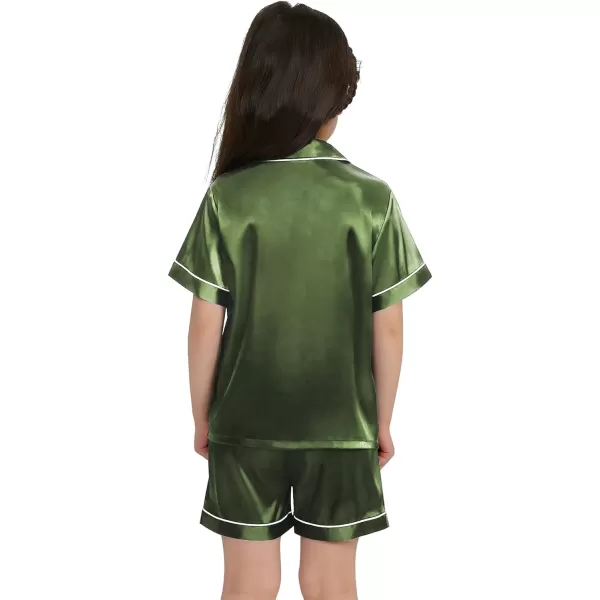 SWOMOG Kids Satin Pajamas Sets Girls Boys ButtonDown Pjs Short Sleeve Silk Nightwear 2 Piece Lounge SetsOlive Green