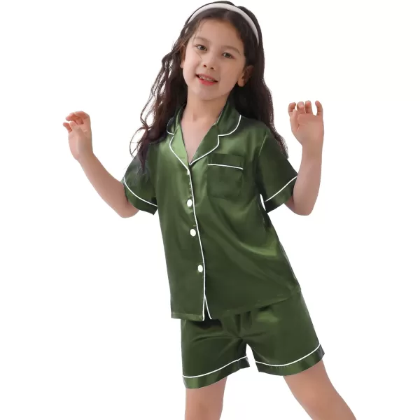 SWOMOG Kids Satin Pajamas Sets Girls Boys ButtonDown Pjs Short Sleeve Silk Nightwear 2 Piece Lounge SetsOlive Green