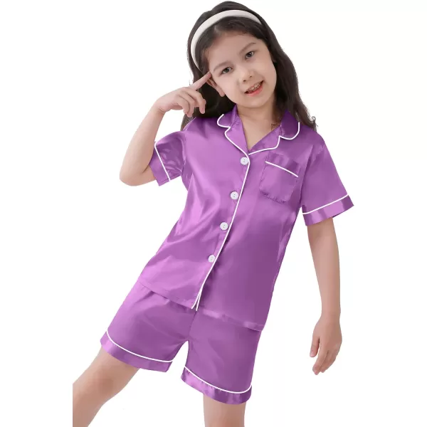 SWOMOG Kids Satin Pajamas Sets Girls Boys ButtonDown Pjs Short Sleeve Silk Nightwear 2 Piece Lounge SetsOrchid