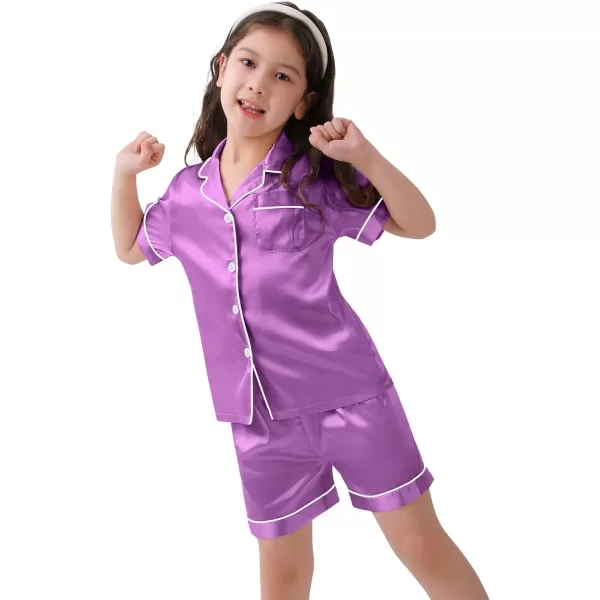 SWOMOG Kids Satin Pajamas Sets Girls Boys ButtonDown Pjs Short Sleeve Silk Nightwear 2 Piece Lounge SetsOrchid