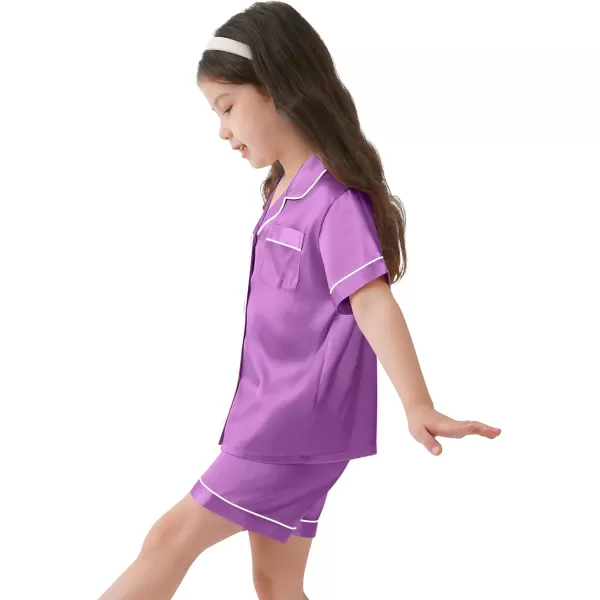 SWOMOG Kids Satin Pajamas Sets Girls Boys ButtonDown Pjs Short Sleeve Silk Nightwear 2 Piece Lounge SetsOrchid