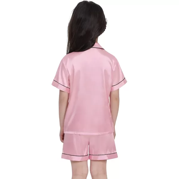 SWOMOG Kids Satin Pajamas Sets Girls Boys ButtonDown Pjs Short Sleeve Silk Nightwear 2 Piece Lounge SetsPink