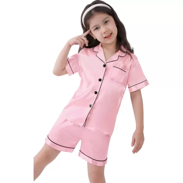 SWOMOG Kids Satin Pajamas Sets Girls Boys ButtonDown Pjs Short Sleeve Silk Nightwear 2 Piece Lounge SetsPink