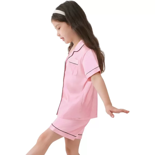 SWOMOG Kids Satin Pajamas Sets Girls Boys ButtonDown Pjs Short Sleeve Silk Nightwear 2 Piece Lounge SetsPink