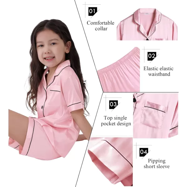 SWOMOG Kids Satin Pajamas Sets Girls Boys ButtonDown Pjs Short Sleeve Silk Nightwear 2 Piece Lounge SetsPink