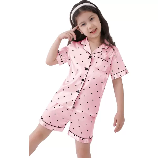 SWOMOG Kids Satin Pajamas Sets Girls Boys ButtonDown Pjs Short Sleeve Silk Nightwear 2 Piece Lounge SetsPink Dots