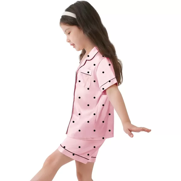 SWOMOG Kids Satin Pajamas Sets Girls Boys ButtonDown Pjs Short Sleeve Silk Nightwear 2 Piece Lounge SetsPink Dots