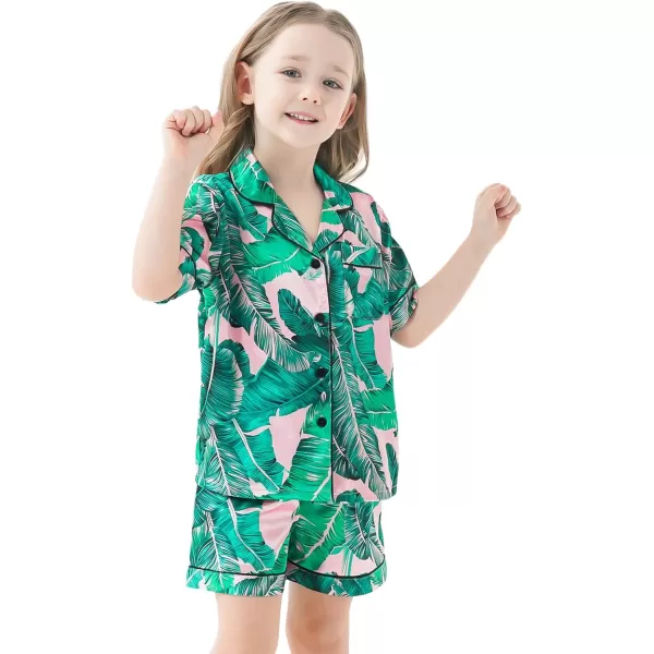 SWOMOG Kids Satin Pajamas Sets Girls Boys ButtonDown Pjs Short Sleeve Silk Nightwear 2 Piece Lounge SetsPink Leave