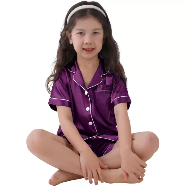 SWOMOG Kids Satin Pajamas Sets Girls Boys ButtonDown Pjs Short Sleeve Silk Nightwear 2 Piece Lounge SetsPurple