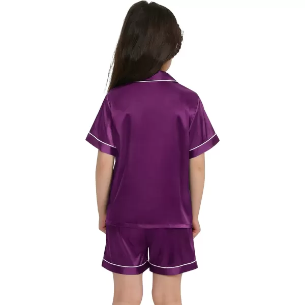 SWOMOG Kids Satin Pajamas Sets Girls Boys ButtonDown Pjs Short Sleeve Silk Nightwear 2 Piece Lounge SetsPurple