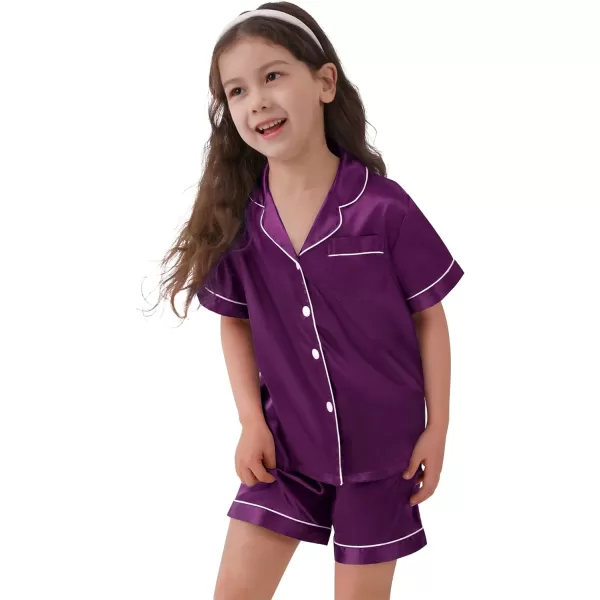 SWOMOG Kids Satin Pajamas Sets Girls Boys ButtonDown Pjs Short Sleeve Silk Nightwear 2 Piece Lounge SetsPurple