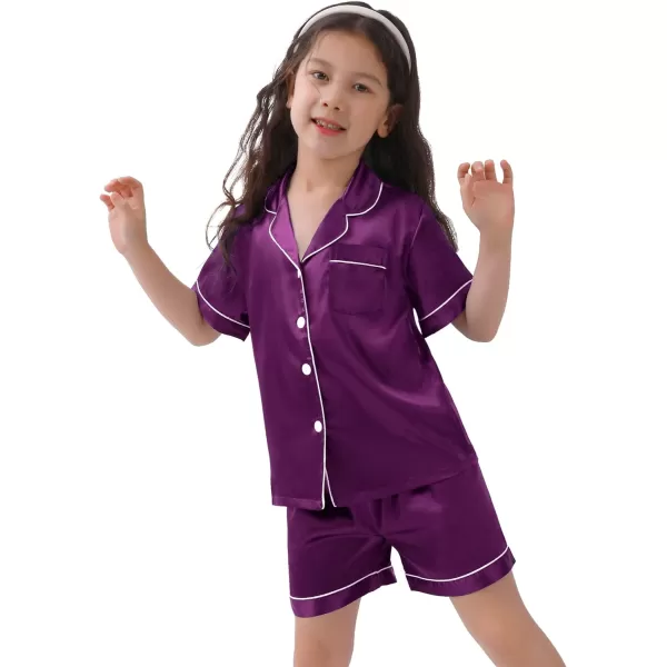 SWOMOG Kids Satin Pajamas Sets Girls Boys ButtonDown Pjs Short Sleeve Silk Nightwear 2 Piece Lounge SetsPurple