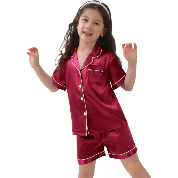 SWOMOG Kids Satin Pajamas Sets Girls Boys ButtonDown Pjs Short Sleeve Silk Nightwear 2 Piece Lounge SetsRed 1