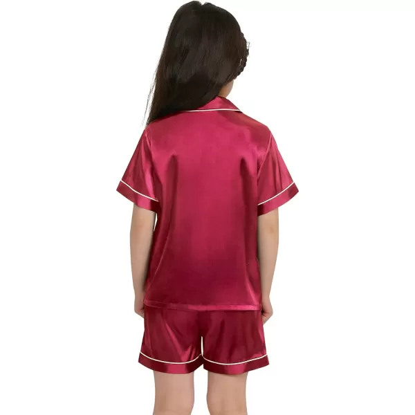 SWOMOG Kids Satin Pajamas Sets Girls Boys ButtonDown Pjs Short Sleeve Silk Nightwear 2 Piece Lounge SetsRed 1