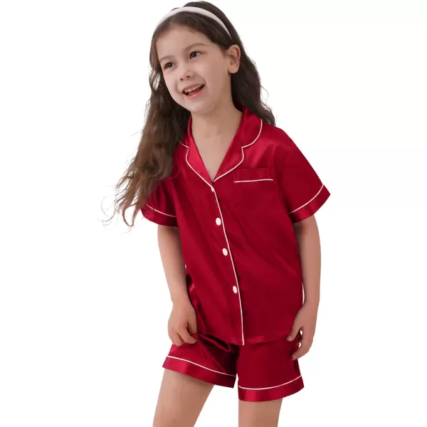 SWOMOG Kids Satin Pajamas Sets Girls Boys ButtonDown Pjs Short Sleeve Silk Nightwear 2 Piece Lounge SetsRed