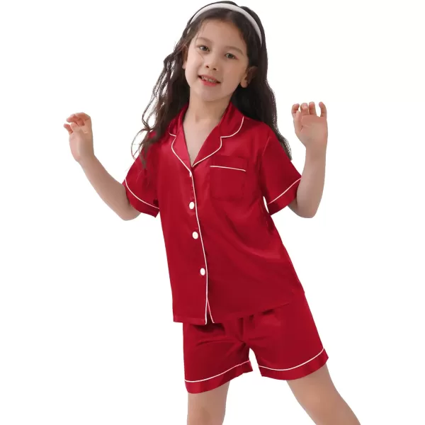 SWOMOG Kids Satin Pajamas Sets Girls Boys ButtonDown Pjs Short Sleeve Silk Nightwear 2 Piece Lounge SetsRed