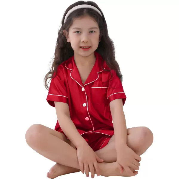 SWOMOG Kids Satin Pajamas Sets Girls Boys ButtonDown Pjs Short Sleeve Silk Nightwear 2 Piece Lounge SetsRed