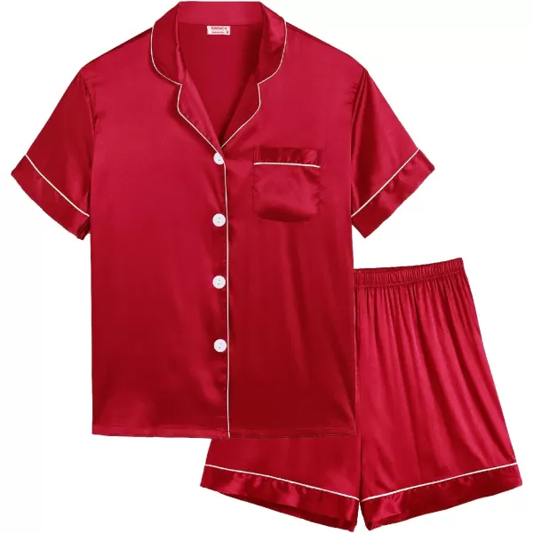 SWOMOG Kids Satin Pajamas Sets Girls Boys ButtonDown Pjs Short Sleeve Silk Nightwear 2 Piece Lounge SetsRed