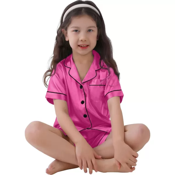 SWOMOG Kids Satin Pajamas Sets Girls Boys ButtonDown Pjs Short Sleeve Silk Nightwear 2 Piece Lounge SetsRose Black Pipping