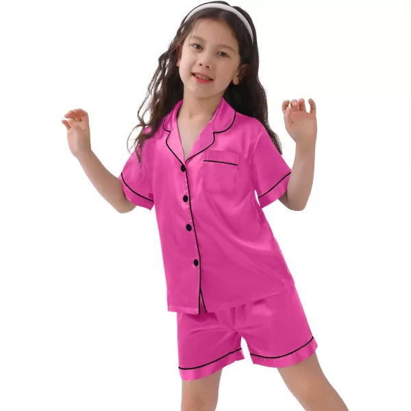 SWOMOG Kids Satin Pajamas Sets Girls Boys ButtonDown Pjs Short Sleeve Silk Nightwear 2 Piece Lounge SetsRose Black Pipping