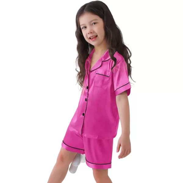 SWOMOG Kids Satin Pajamas Sets Girls Boys ButtonDown Pjs Short Sleeve Silk Nightwear 2 Piece Lounge SetsRose Black Pipping