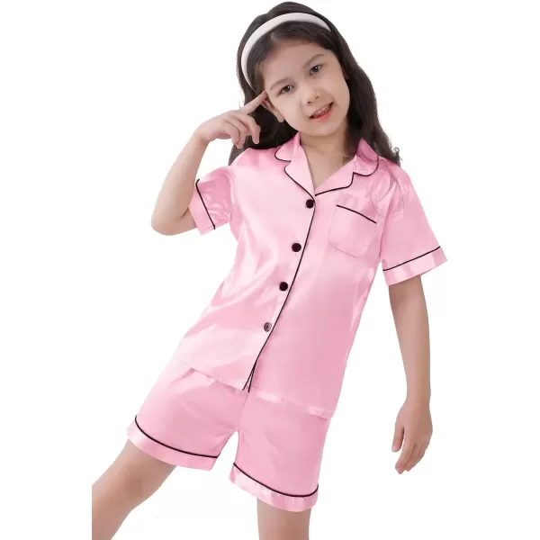 SWOMOG Kids Satin Pajamas Sets Girls Boys ButtonDown Pjs Short Sleeve Silk Nightwear 2 Piece Lounge SetsRose Pink