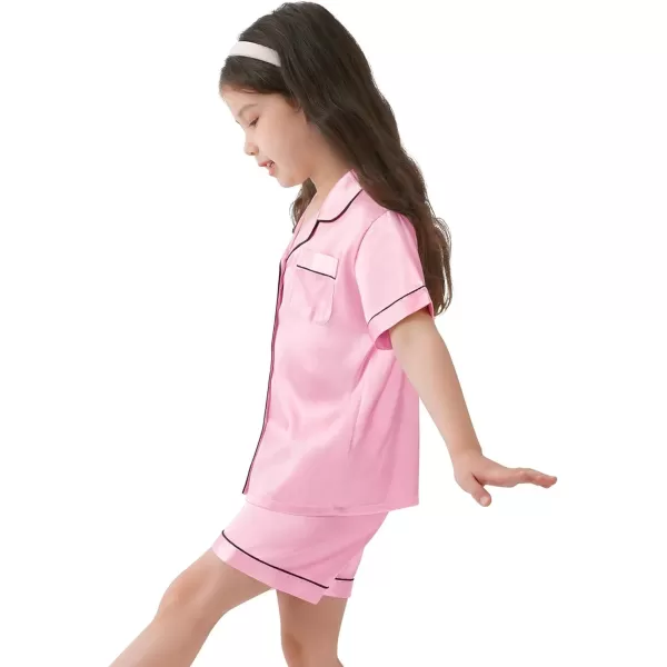 SWOMOG Kids Satin Pajamas Sets Girls Boys ButtonDown Pjs Short Sleeve Silk Nightwear 2 Piece Lounge SetsRose Pink