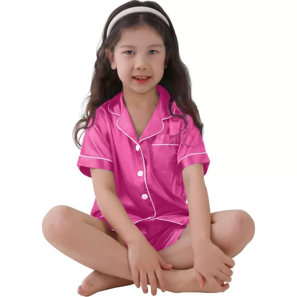 SWOMOG Kids Satin Pajamas Sets Girls Boys ButtonDown Pjs Short Sleeve Silk Nightwear 2 Piece Lounge SetsRose Red