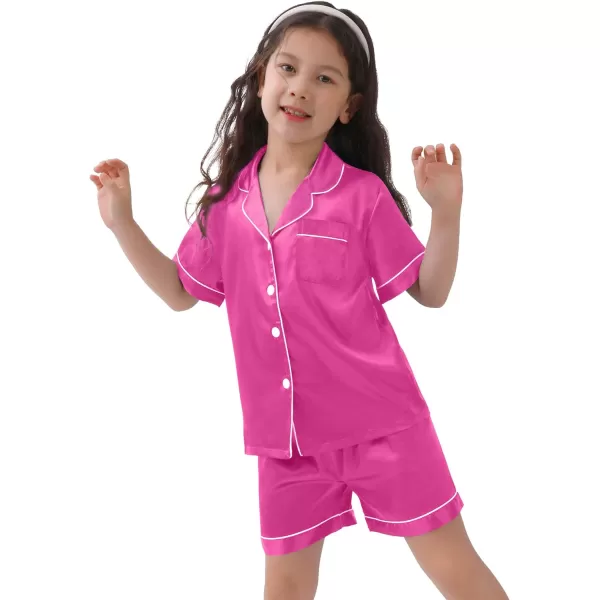 SWOMOG Kids Satin Pajamas Sets Girls Boys ButtonDown Pjs Short Sleeve Silk Nightwear 2 Piece Lounge SetsRose Red