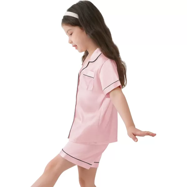 SWOMOG Kids Satin Pajamas Sets Girls Boys ButtonDown Pjs Short Sleeve Silk Nightwear 2 Piece Lounge SetsSakura Pink