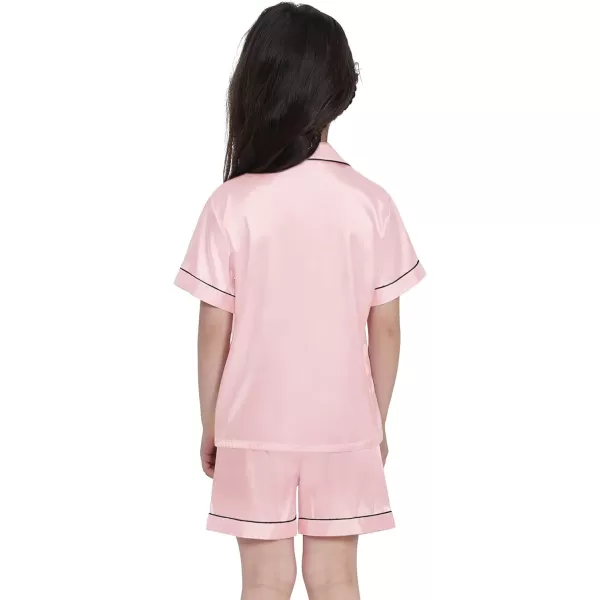 SWOMOG Kids Satin Pajamas Sets Girls Boys ButtonDown Pjs Short Sleeve Silk Nightwear 2 Piece Lounge SetsSakura Pink