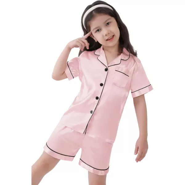 SWOMOG Kids Satin Pajamas Sets Girls Boys ButtonDown Pjs Short Sleeve Silk Nightwear 2 Piece Lounge SetsSakura Pink