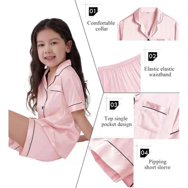 SWOMOG Kids Satin Pajamas Sets Girls Boys ButtonDown Pjs Short Sleeve Silk Nightwear 2 Piece Lounge SetsSakura Pink