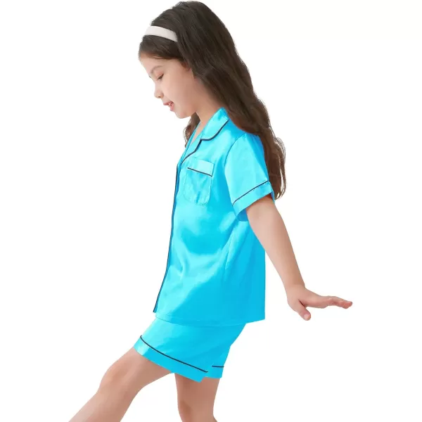 SWOMOG Kids Satin Pajamas Sets Girls Boys ButtonDown Pjs Short Sleeve Silk Nightwear 2 Piece Lounge SetsTf Blue