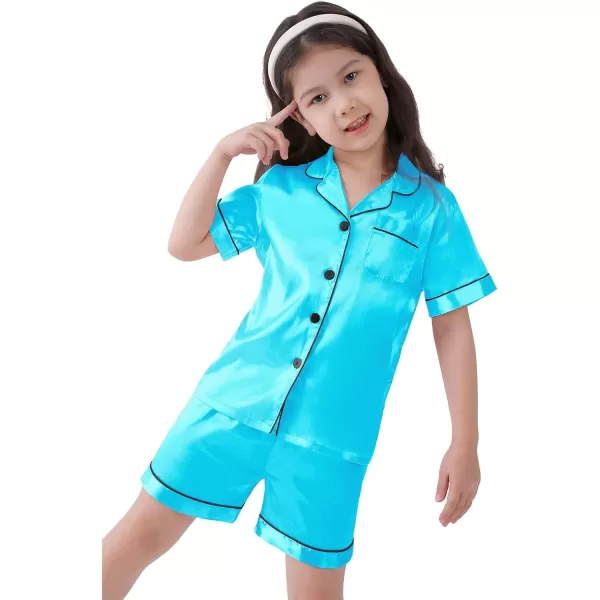 SWOMOG Kids Satin Pajamas Sets Girls Boys ButtonDown Pjs Short Sleeve Silk Nightwear 2 Piece Lounge SetsTf Blue