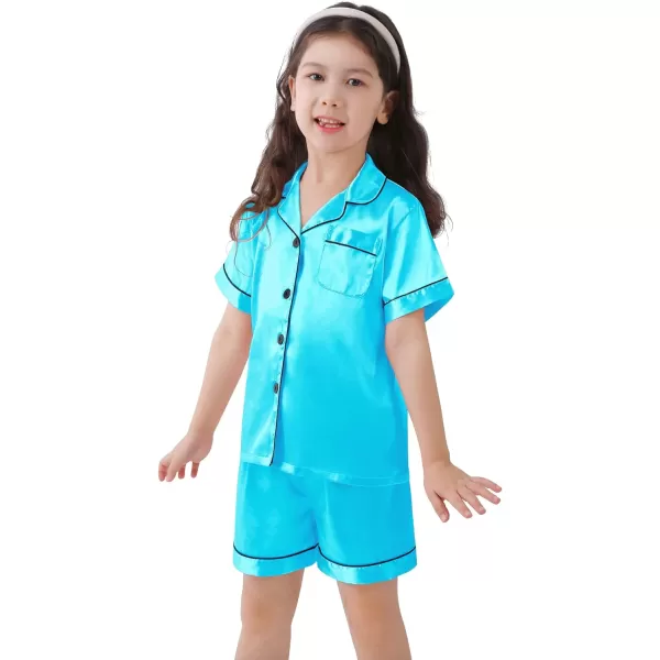 SWOMOG Kids Satin Pajamas Sets Girls Boys ButtonDown Pjs Short Sleeve Silk Nightwear 2 Piece Lounge SetsTf Blue