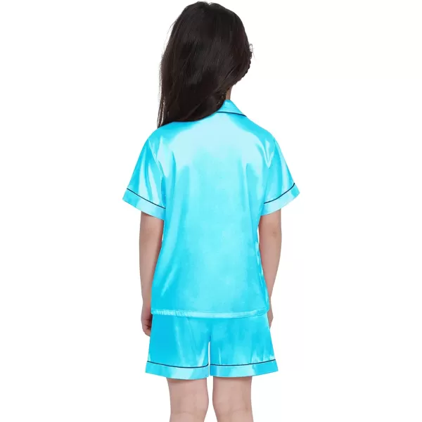 SWOMOG Kids Satin Pajamas Sets Girls Boys ButtonDown Pjs Short Sleeve Silk Nightwear 2 Piece Lounge SetsTf Blue