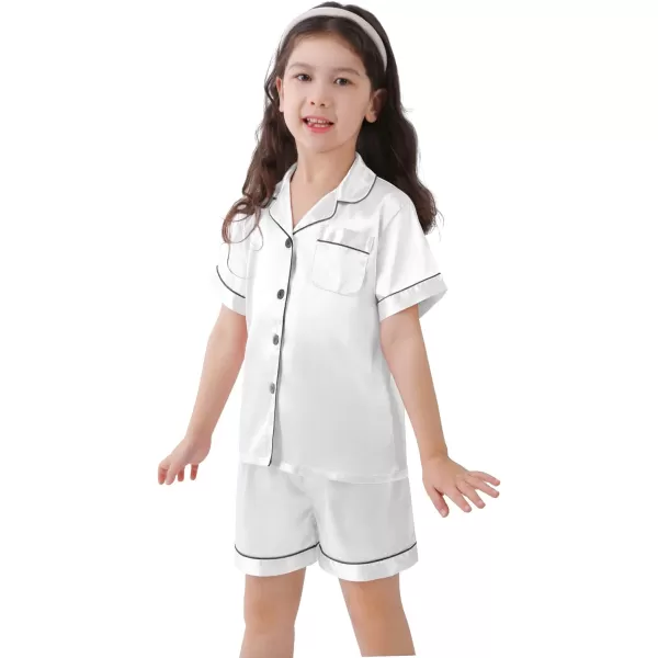 SWOMOG Kids Satin Pajamas Sets Girls Boys ButtonDown Pjs Short Sleeve Silk Nightwear 2 Piece Lounge SetsWhite