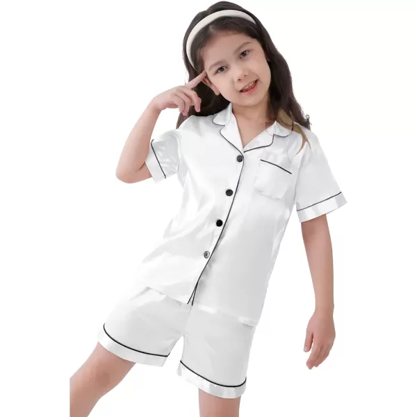 SWOMOG Kids Satin Pajamas Sets Girls Boys ButtonDown Pjs Short Sleeve Silk Nightwear 2 Piece Lounge SetsWhite