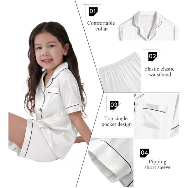 SWOMOG Kids Satin Pajamas Sets Girls Boys ButtonDown Pjs Short Sleeve Silk Nightwear 2 Piece Lounge SetsWhite