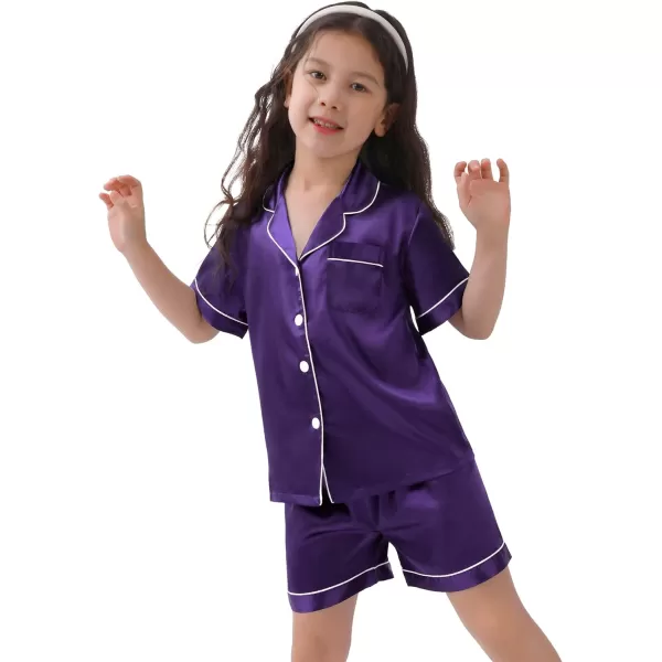 SWOMOG Kids Satin Pajamas Sets Girls Boys ButtonDown Pjs Short Sleeve Silk Nightwear 2 Piece Lounge SetsWineberry