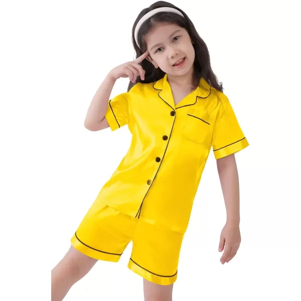 SWOMOG Kids Satin Pajamas Sets Girls Boys ButtonDown Pjs Short Sleeve Silk Nightwear 2 Piece Lounge SetsYellow