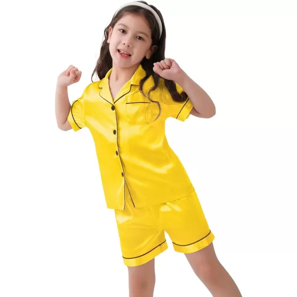 SWOMOG Kids Satin Pajamas Sets Girls Boys ButtonDown Pjs Short Sleeve Silk Nightwear 2 Piece Lounge SetsYellow