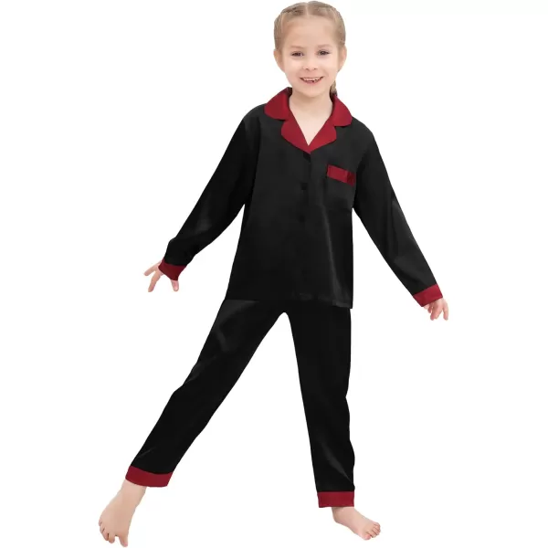 SWOMOG Kids Satin Pajamas Sets Girls Boys Long Sleeve Sleepwear Button Down Pjs Set 2 PCS Loungewear SetsBlack