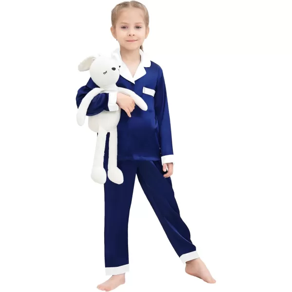 SWOMOG Kids Satin Pajamas Sets Girls Boys Long Sleeve Sleepwear Button Down Pjs Set 2 PCS Loungewear SetsDeep Navy Blue