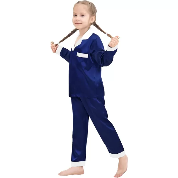 SWOMOG Kids Satin Pajamas Sets Girls Boys Long Sleeve Sleepwear Button Down Pjs Set 2 PCS Loungewear SetsDeep Navy Blue